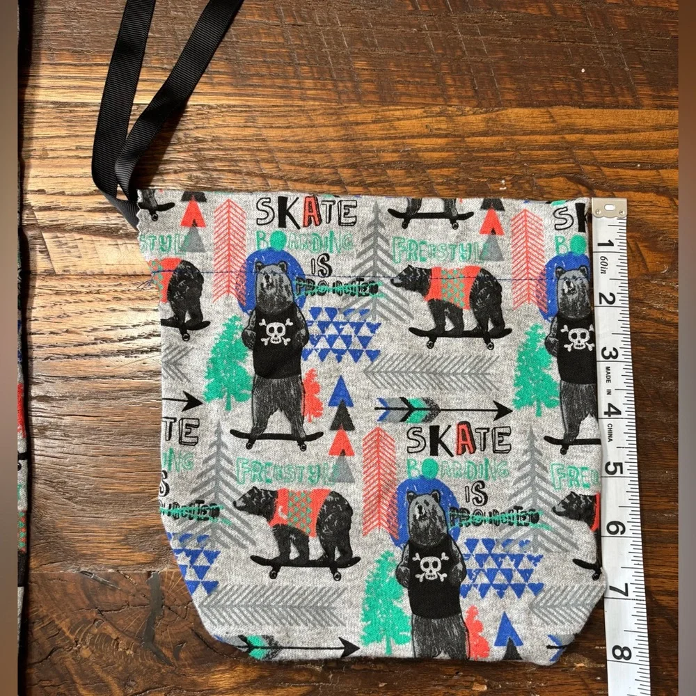 4 Handmade “Skateboarding Bears” Cotton Drawstring Gift Bags